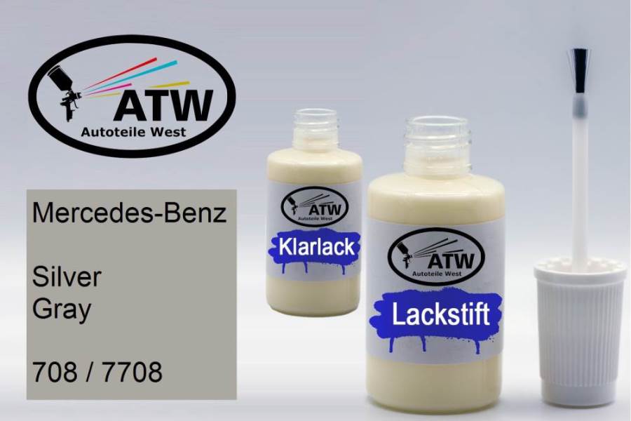 Mercedes-Benz, Silver Gray, 708 / 7708: 20ml Lackstift + 20ml Klarlack - Set, von ATW Autoteile West.